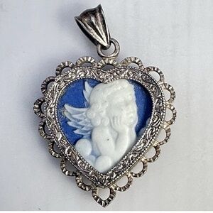 Vintage Blue White Cherub Cameo Heart Pendant 925 Peru Sterling Silver Filigree